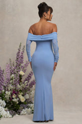 Powder Blue Maternity Ruched Mesh Bardot Maxi Dress